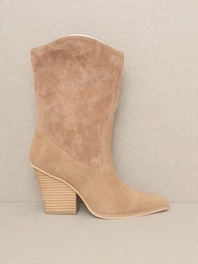 Camel Suede-like Western Mid-Calf Boot